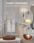 Graphic illustrating the adjustable pole height of the clear crystal candle warmer lamp to showcase how it fits various sized jar candles.