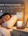 A transparent crystal candle warmer lamp illuminated on a nightstand as a bedside light next to a sleeping woman, showcasing the 2, 4, and 8-hour built-in timer.