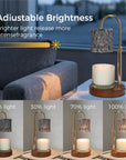 Product feature infographic showing the 25% to 100% dimmable brightness levels of a gold electric candle melter lamp with a dark charcoal glass shade.