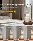 Product feature infographic highlighting the 25% to 100% dimmable brightness levels of a gold and clear glass electric candle melter lamp.
