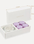 Product size illustration detailing the 17.9 cm length, 4.3 cm width, and 9.2 cm height packaging dimensions for the luxury lavender tealight set.