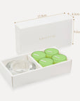Technical specification graphic illustrating the 17.9 cm length, 4.3 cm width, and 9.2 cm height packaging dimensions for the luxury lily tealight set.
