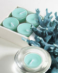A partial view of light teal ocean scented tealight candles in a box next to a piece of decorative dark blue sea coral and a candle in a clear glass holder