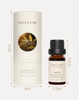 A technical measurement graphic showing the centimeter height and width dimensions for the 10ml Vaucluse oil bottle and its matching circular gift cylinder.
