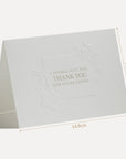Product measurement diagram illustrating the 14.8 cm width and technical sizing details for the Vaucluse luxury thank you card.
