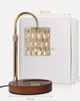 Labeled product dimensions for the Vaucluse crystal candle warmer lamp specifying height, width, and base diameter measurements against its white packaging box.