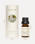 A technical packaging diagram showing the dimensions in centimeters for the 10ml essential oil bottle and its matching circular cardboard box.