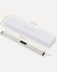 Labeled diagram displaying the exact length and width dimensions of the Vaucluse ivory electric candle lighter and packaging box.