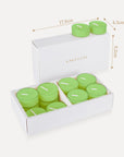 Product packaging dimension infographic for the Vaucluse lily tealight candles box, indicating a length of 17.8cm, width of 4.3cm, and height of 9.2cm.