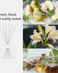 Fragrance pyramid chart for the reed diffuser showing top notes of melon and pear, heart notes of freesia and rose, and base notes of musk, patchouli, amber, and rhubarb.