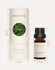 A clear technical sizing diagram displaying the height and width measurements in centimeters for both the 10ml Vaucluse essential oil bottle and its matching outer gift box.