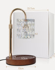 Labeled diagram displaying the precise height, shade width, and wooden base dimensions of the Vaucluse clear crystal candle warmer lamp.