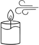 An icon of a lit candle with stylized wind gusts blowing toward the flame, illustrating the importance of keeping candles away from drafts for a safe, even burn.