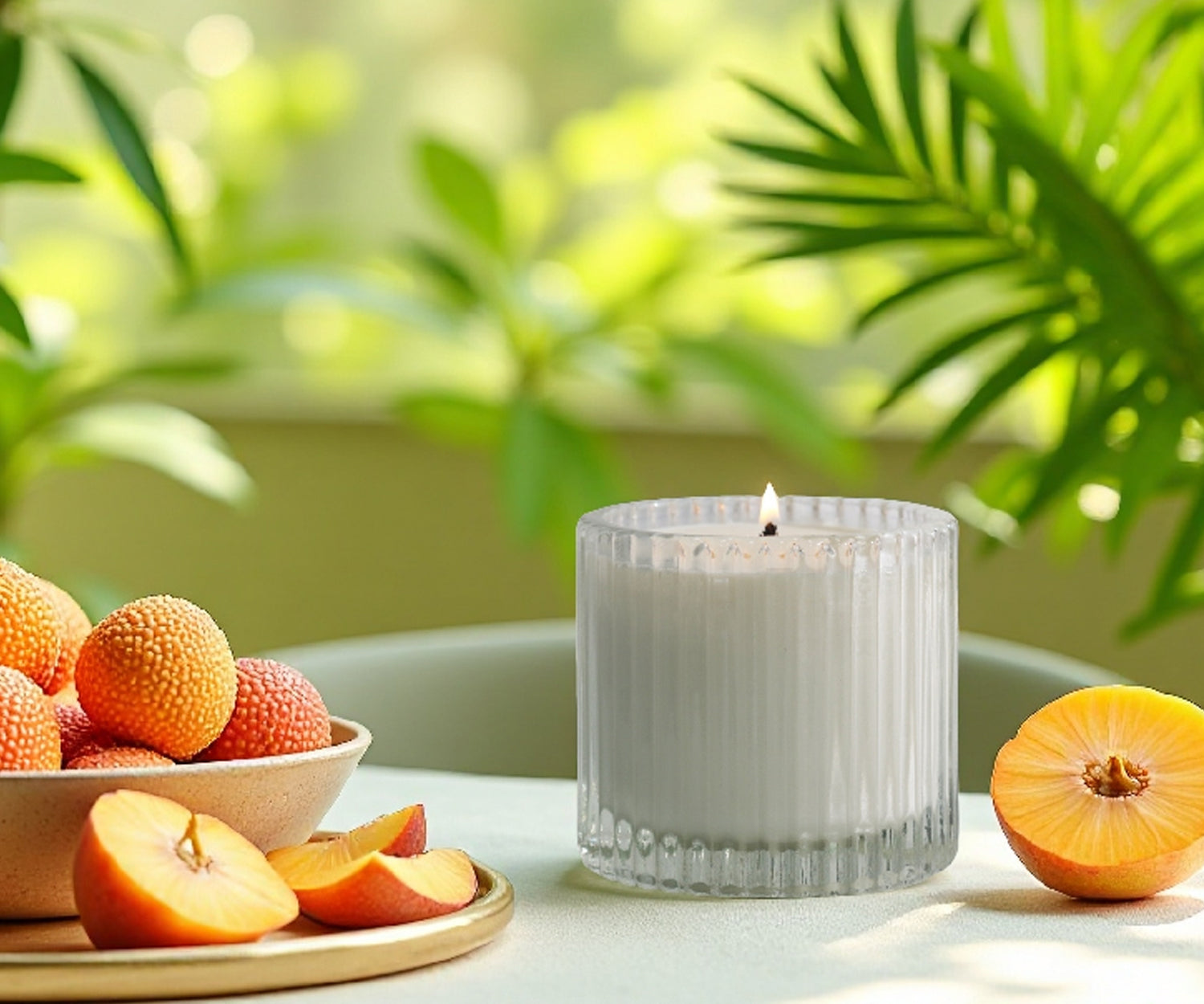 Vaucluse fresh citrus and lychee soy wax candles burning in a bright, modern environment.