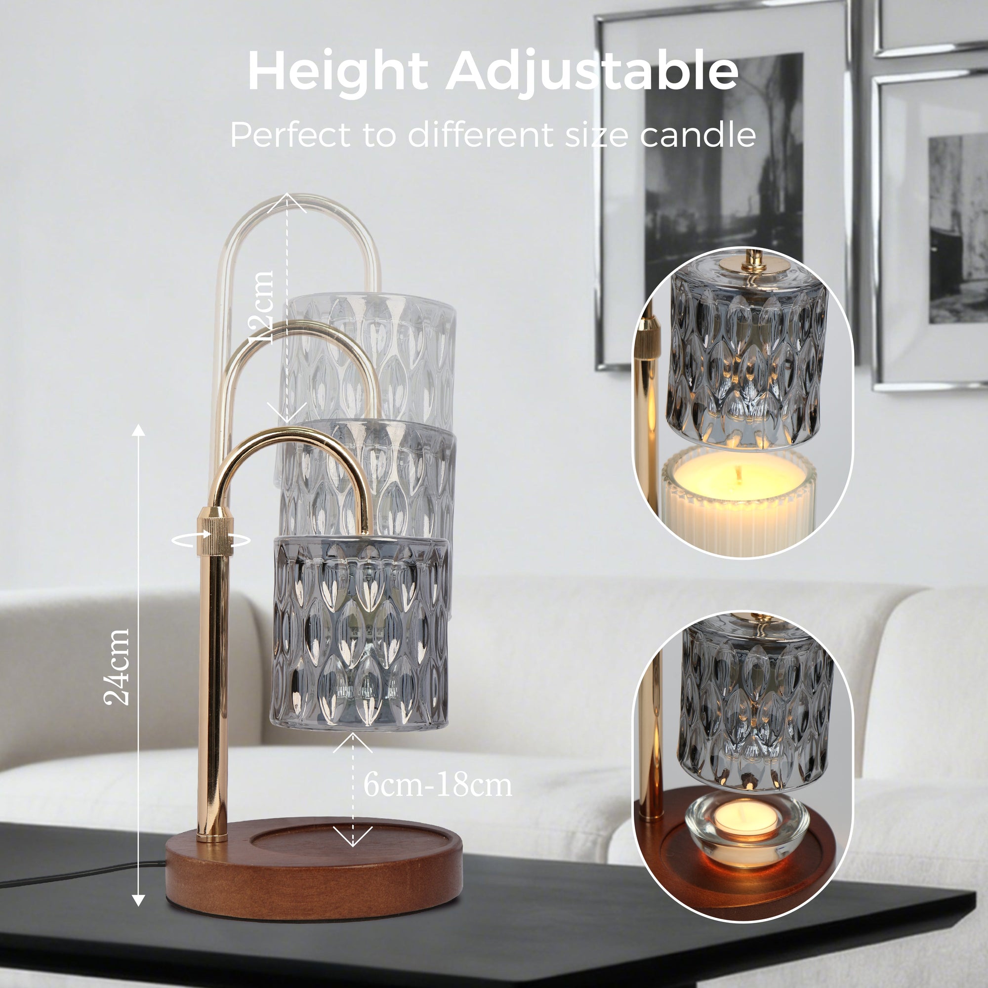 Diagram demonstrating the height-adjustable feature of the gold and smoky grey crystal candle warmer lamp to accommodate different sizes of jar candles.