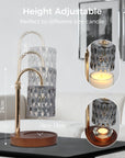 Diagram demonstrating the height-adjustable feature of the gold and smoky grey crystal candle warmer lamp to accommodate different sizes of jar candles.