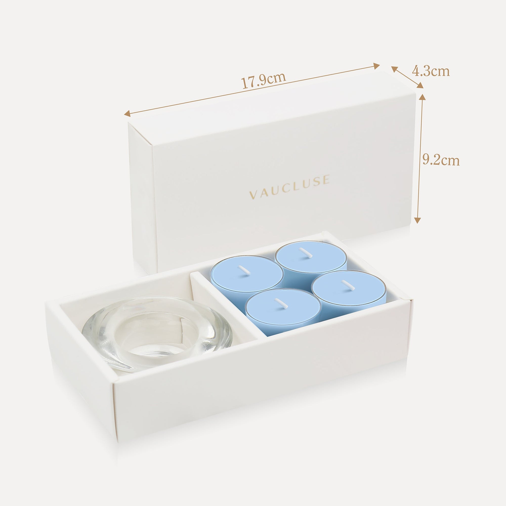 Technical dimension diagram illustrating the packaging measurements of 17.9 cm length, 4.3 cm width, and 9.2 cm height for the breeze tealight box.