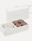 Product specification graphic illustrating the 17.9 cm length, 4.3 cm width, and 9.2 cm height packaging dimensions for the cinnamon tealight set.