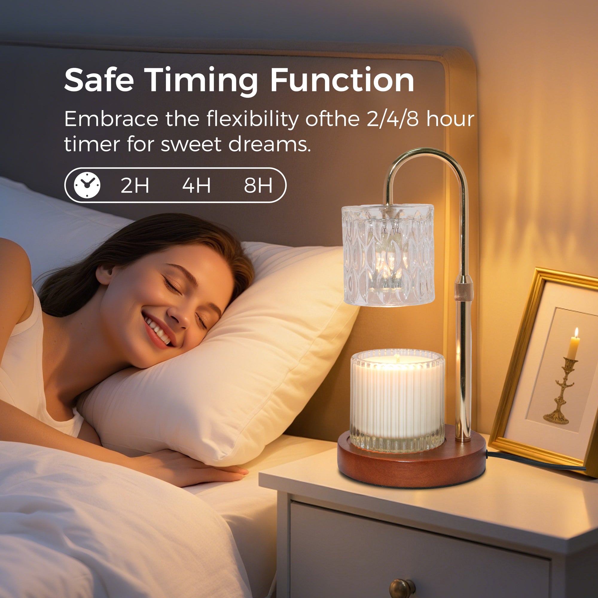 A transparent crystal candle warmer lamp illuminated on a nightstand as a bedside light next to a sleeping woman, showcasing the 2, 4, and 8-hour built-in timer.