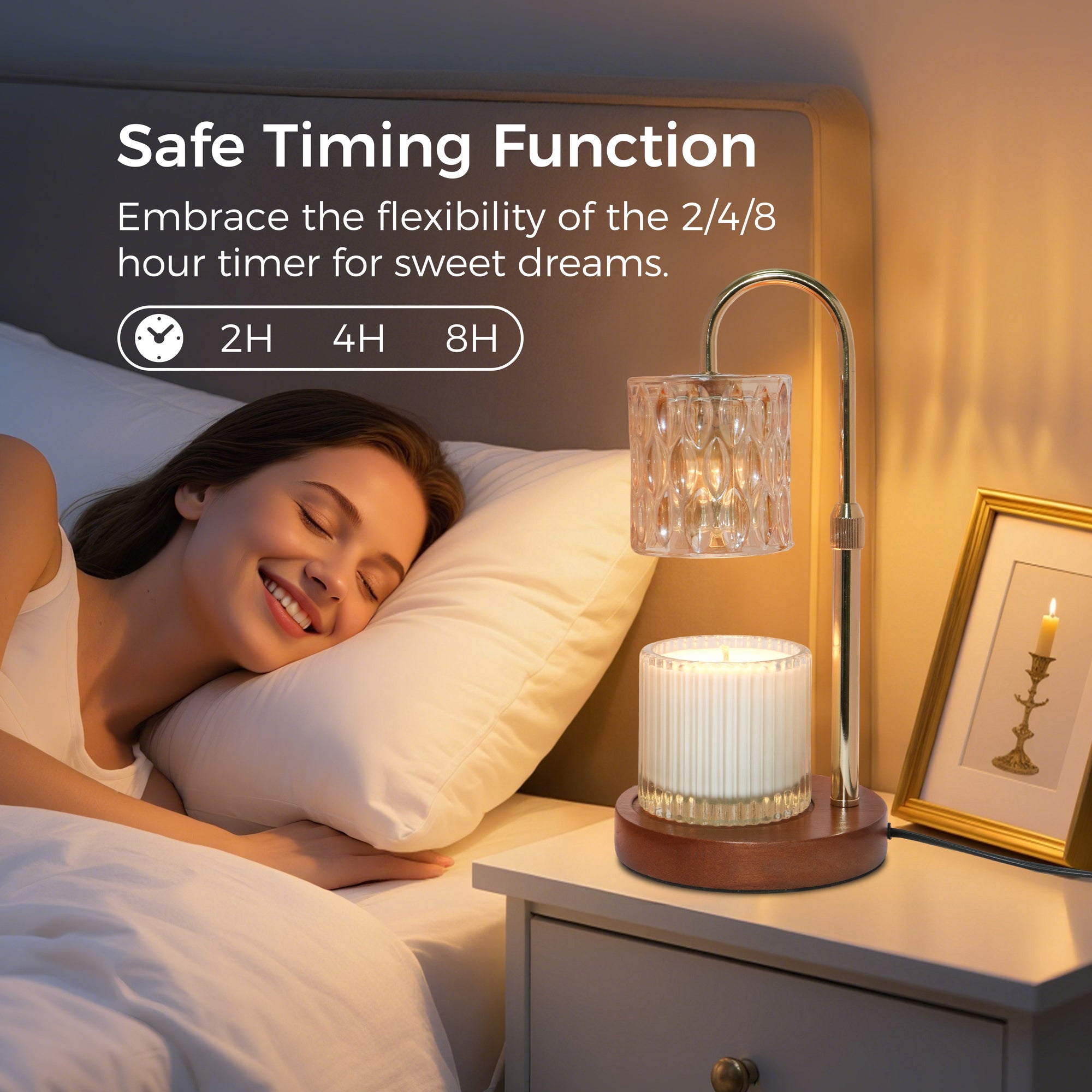 An electric candle warmer lamp acting as a nightlight on a bedside table next to a sleeping woman, highlighting safe 2H, 4H, and 8H timing features.