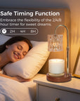 An electric candle warmer lamp acting as a nightlight on a bedside table next to a sleeping woman, highlighting safe 2H, 4H, and 8H timing features.