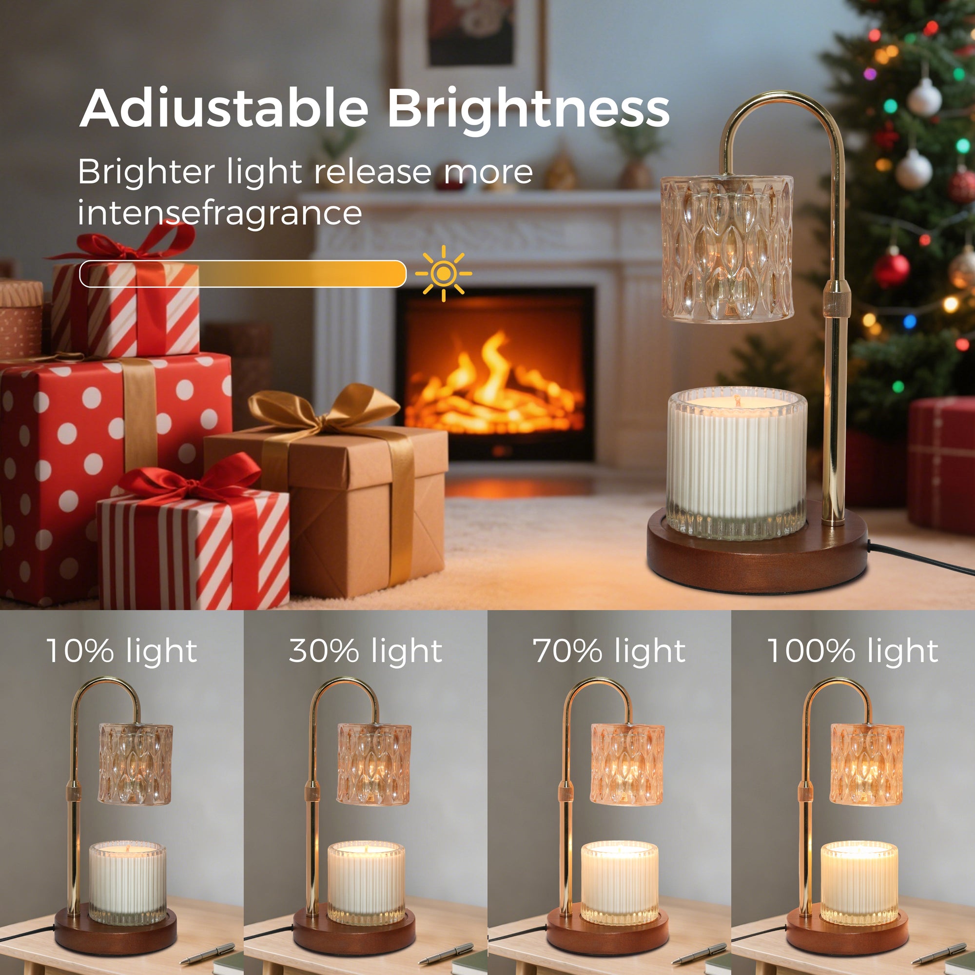 Infographic showcasing adjustable brightness settings from 25% to 100% light on a gold electric candle melter lamp with a cozy fireplace background.