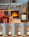 Infographic showcasing adjustable brightness settings from 25% to 100% light on a gold electric candle melter lamp with a cozy fireplace background.