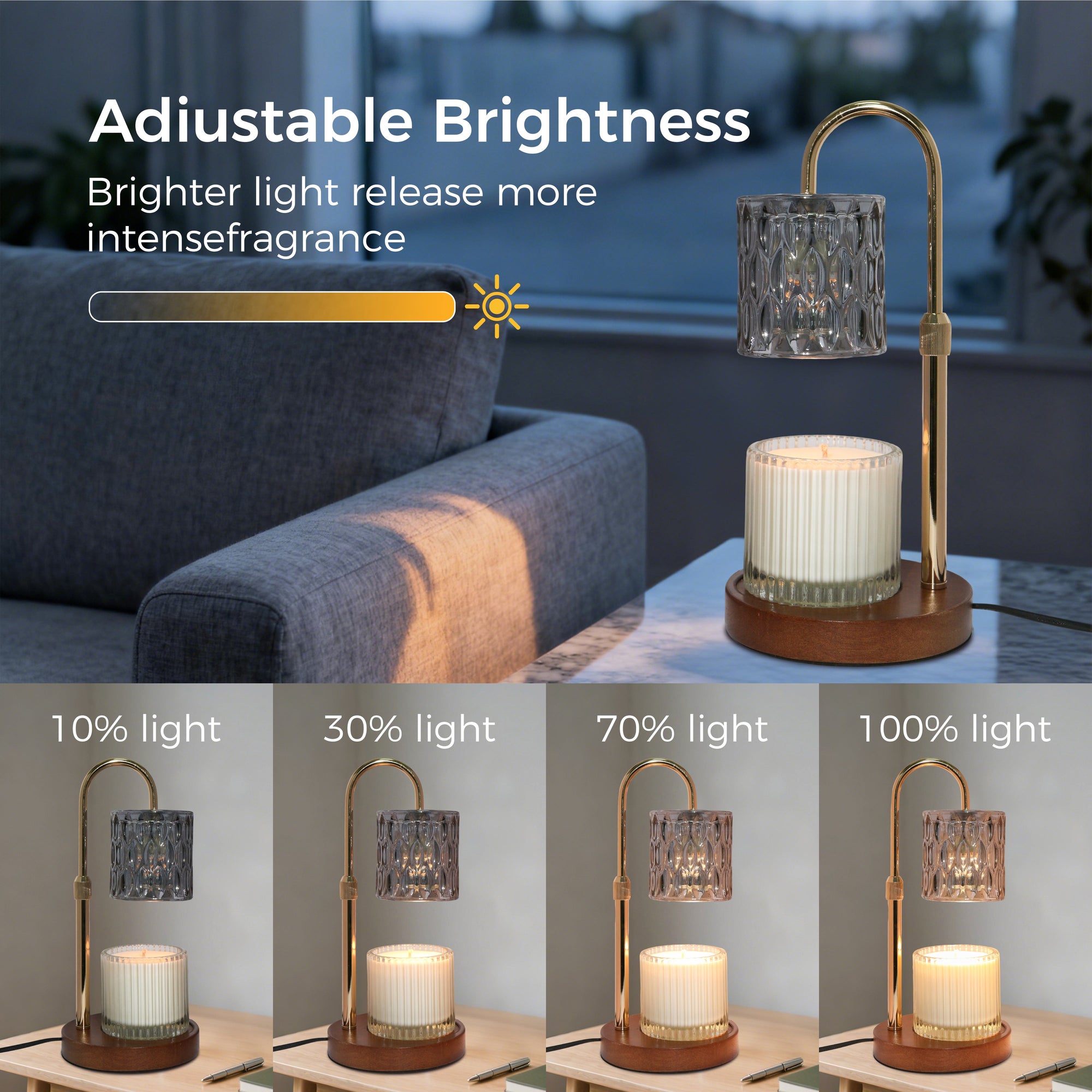 Product feature infographic showing the 25% to 100% dimmable brightness levels of a gold electric candle melter lamp with a dark charcoal glass shade.