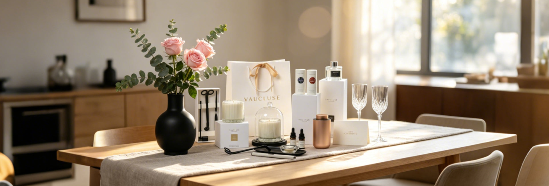Vaucluse Fragrance EOFY Sale homepage banner offering up to 50% off storewide from best-selling essential oils to aromatic candles, featuring a luxury lifestyle table setting with candles, diffusers, and pink roses.