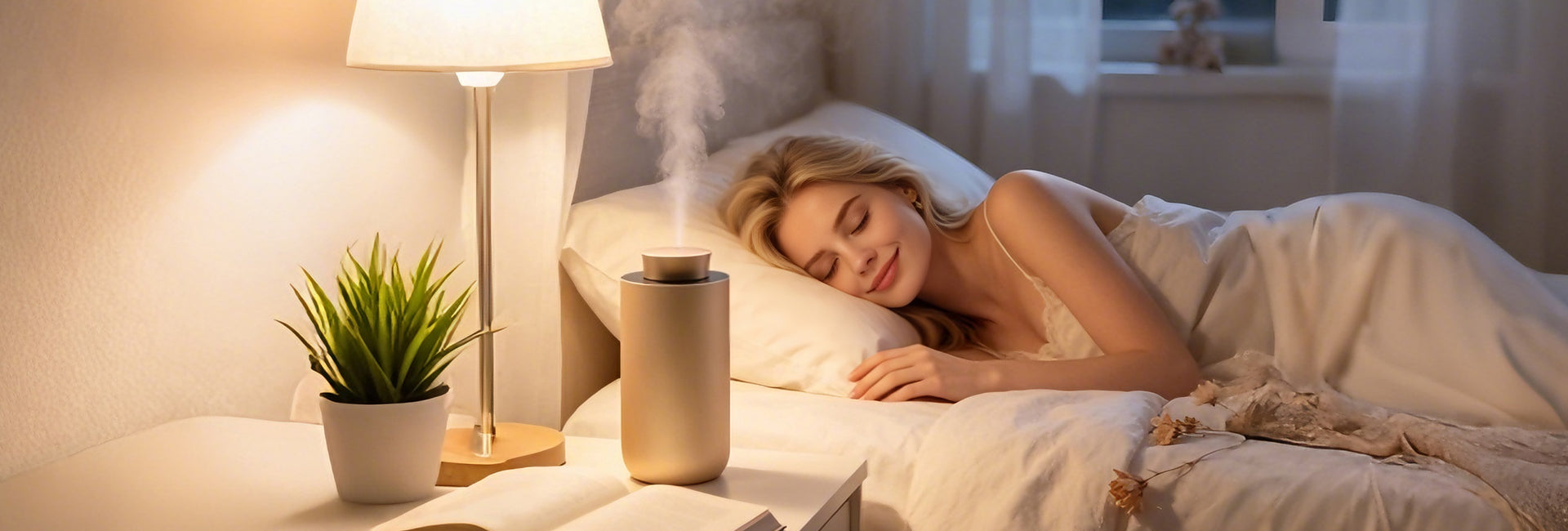 A Vaucluse Fragrance luxury electric diffuser emitting mist on a nightstand next to a woman sleeping peacefully in bed.