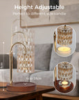 Diagram demonstrating the height-adjustable feature of a gold crystal candle warmer lamp to accommodate different jar candle sizes in a modern living room.