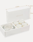 Product specification graphic illustrating the 17.9 cm length, 4.3 cm width, and 9.2 cm height packaging dimensions for the jasmine tealight set.