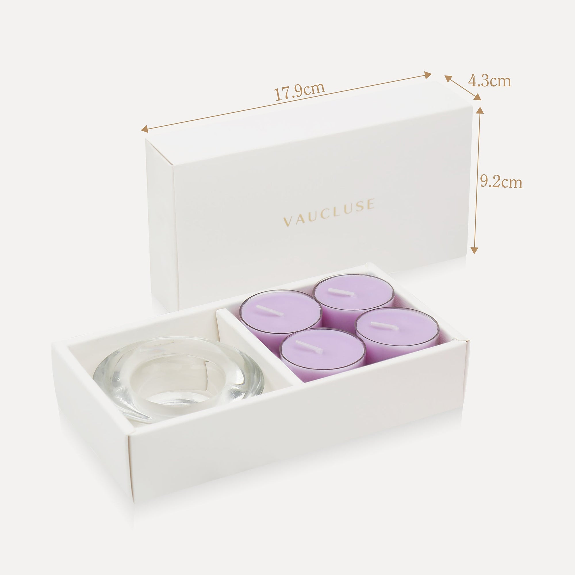 Product size illustration detailing the 17.9 cm length, 4.3 cm width, and 9.2 cm height packaging dimensions for the luxury lavender tealight set.