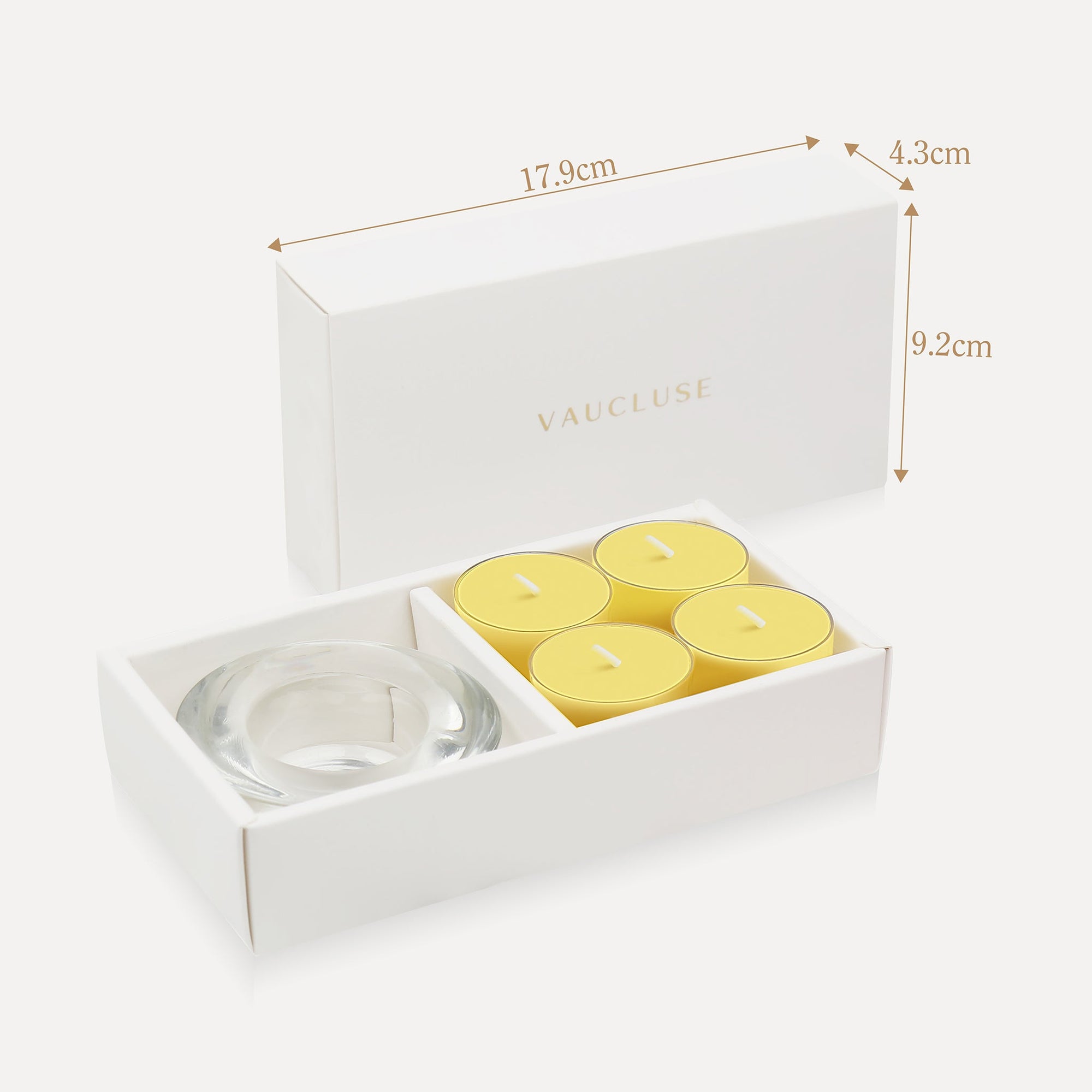 Technical dimension diagram illustrating the packaging measurements of 17.9 cm length, 4.3 cm width, and 9.2 cm height for the lemon tealight box.
