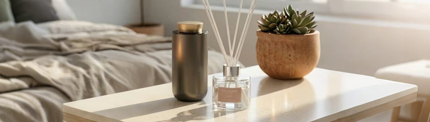 Vaucluse Fragrance luxury reed diffuser and a modern metal electric diffuser on a bedside table in a bedroom setting.