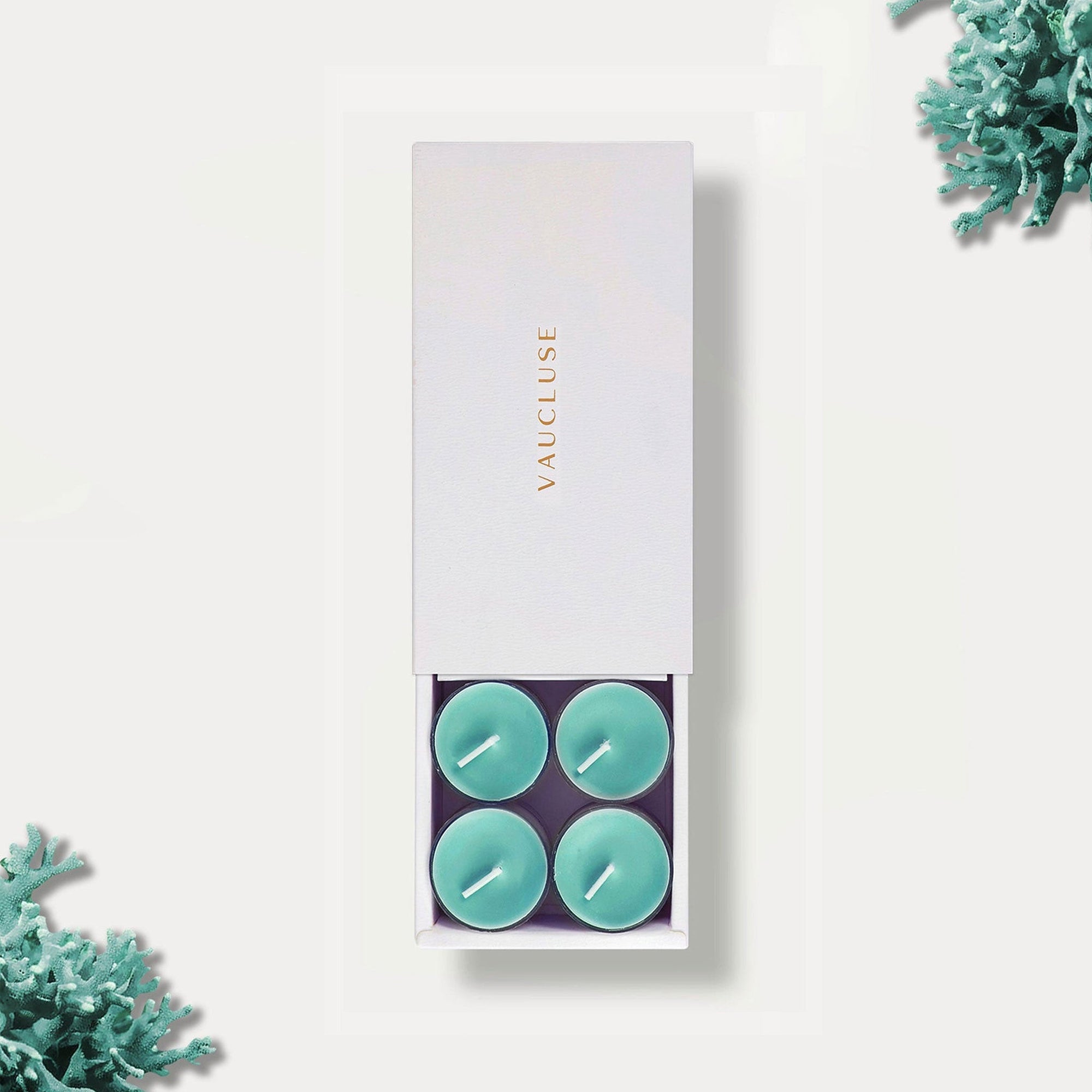 Vaucluse Ocean scented tealight candles in a premium white slide-out gift box.