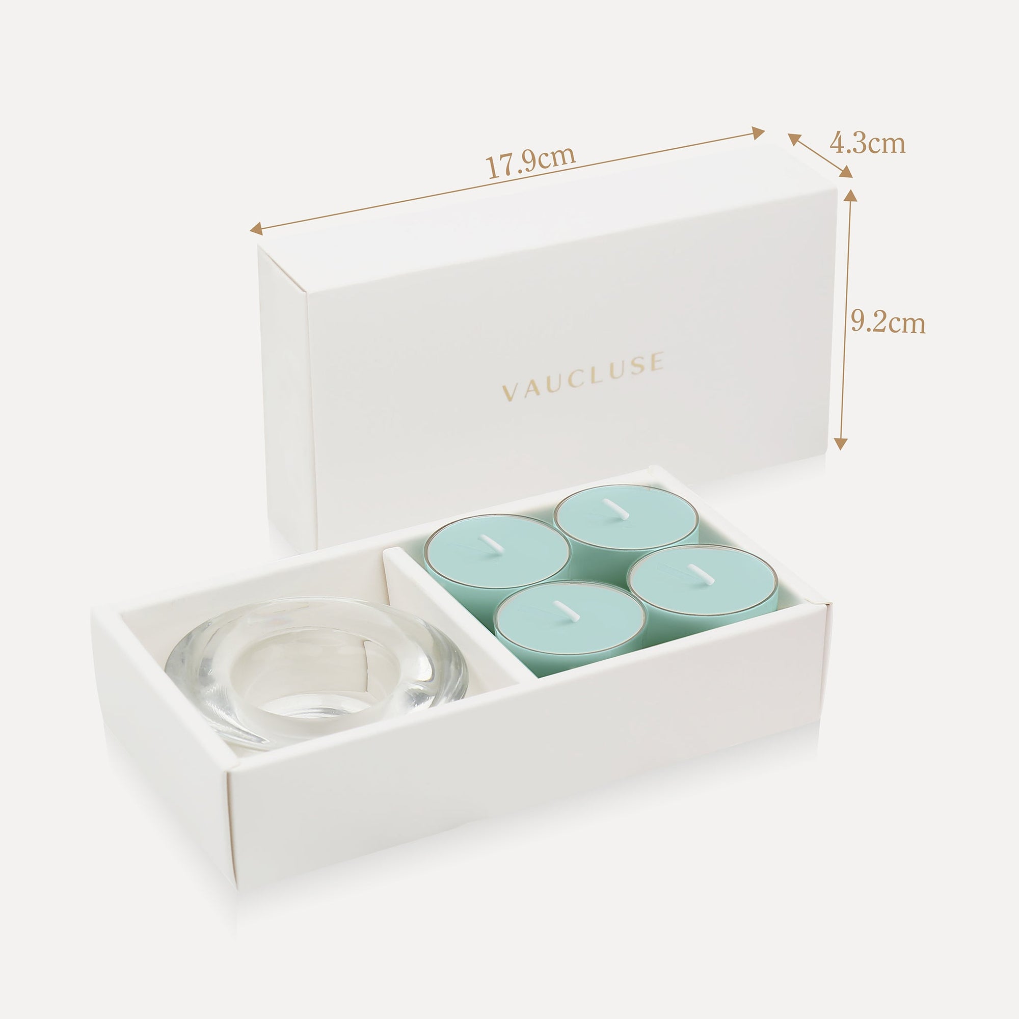 Technical specification diagram showing the packaging dimensions of 17.9 cm length, 4.3 cm width, and 9.2 cm height for the ocean tealight gift set.