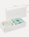 Technical specification diagram showing the packaging dimensions of 17.9 cm length, 4.3 cm width, and 9.2 cm height for the ocean tealight gift set.
