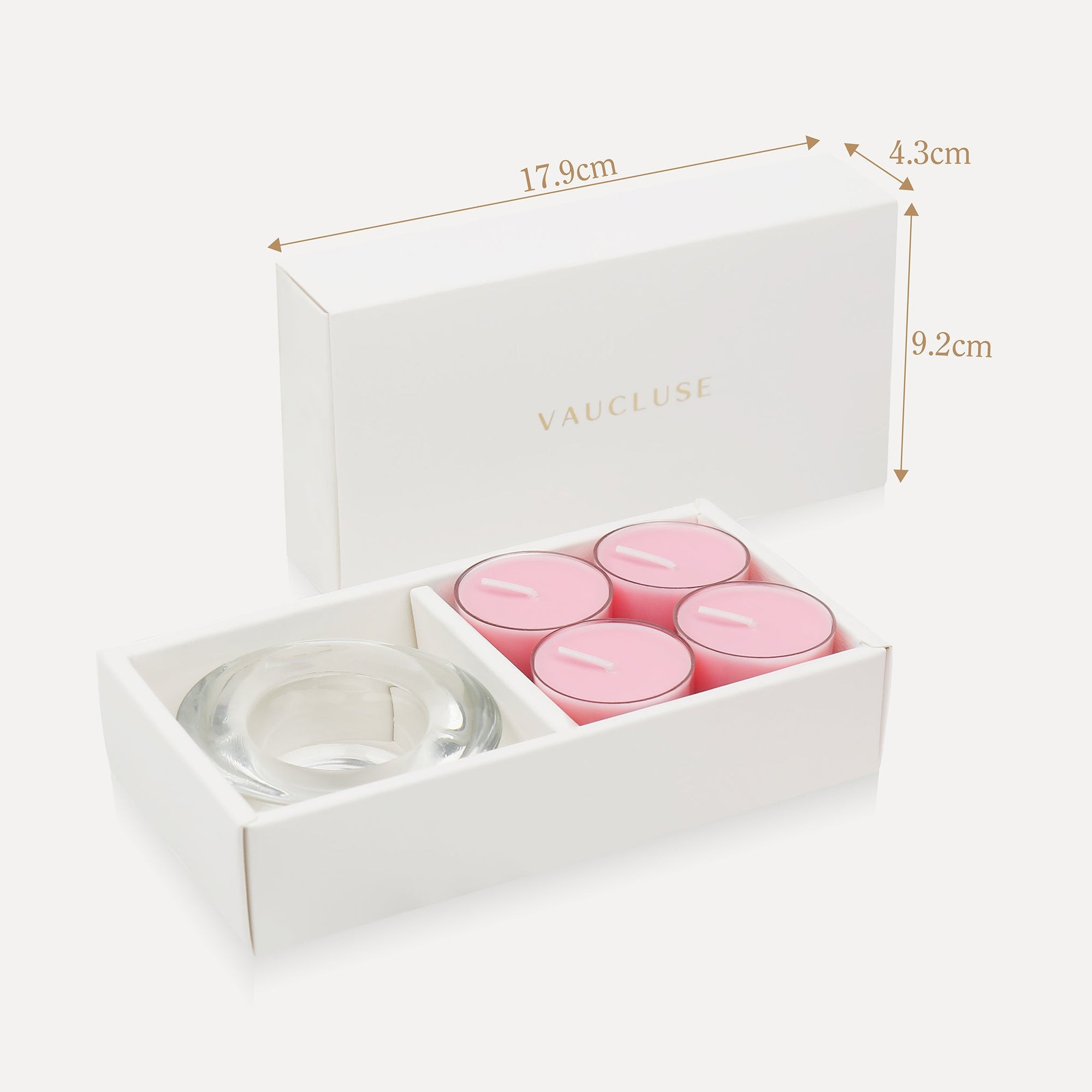 Packaging dimension diagram detailing the 17.9 cm length, 4.3 cm width, and 9.2 cm height specs for the luxury rose tealight gift set.