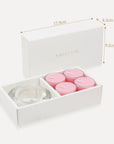 Packaging dimension diagram detailing the 17.9 cm length, 4.3 cm width, and 9.2 cm height specs for the luxury rose tealight gift set.