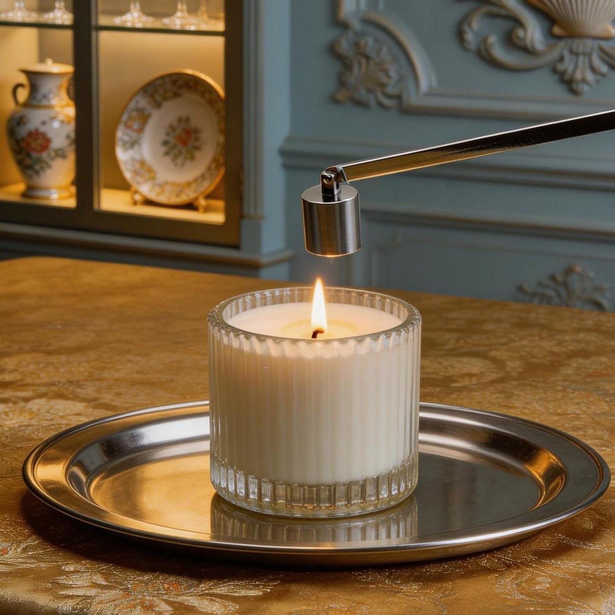 A classic silver bell candle snuffer being used to safely extinguish a burning candle flame on a luxury dining table setting.