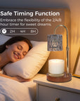 An electric smoky grey candle warmer lamp glowing warmly on a bedroom nightstand next to a sleeping woman, highlighting the 2H, 4H, and 8H auto-shutoff timer.