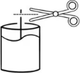 An icon showing a pair of scissors trimming a candle wick to a length of 5mm, representing the step of trimming the wick before every lighting to ensure a stable, smoke-free flame