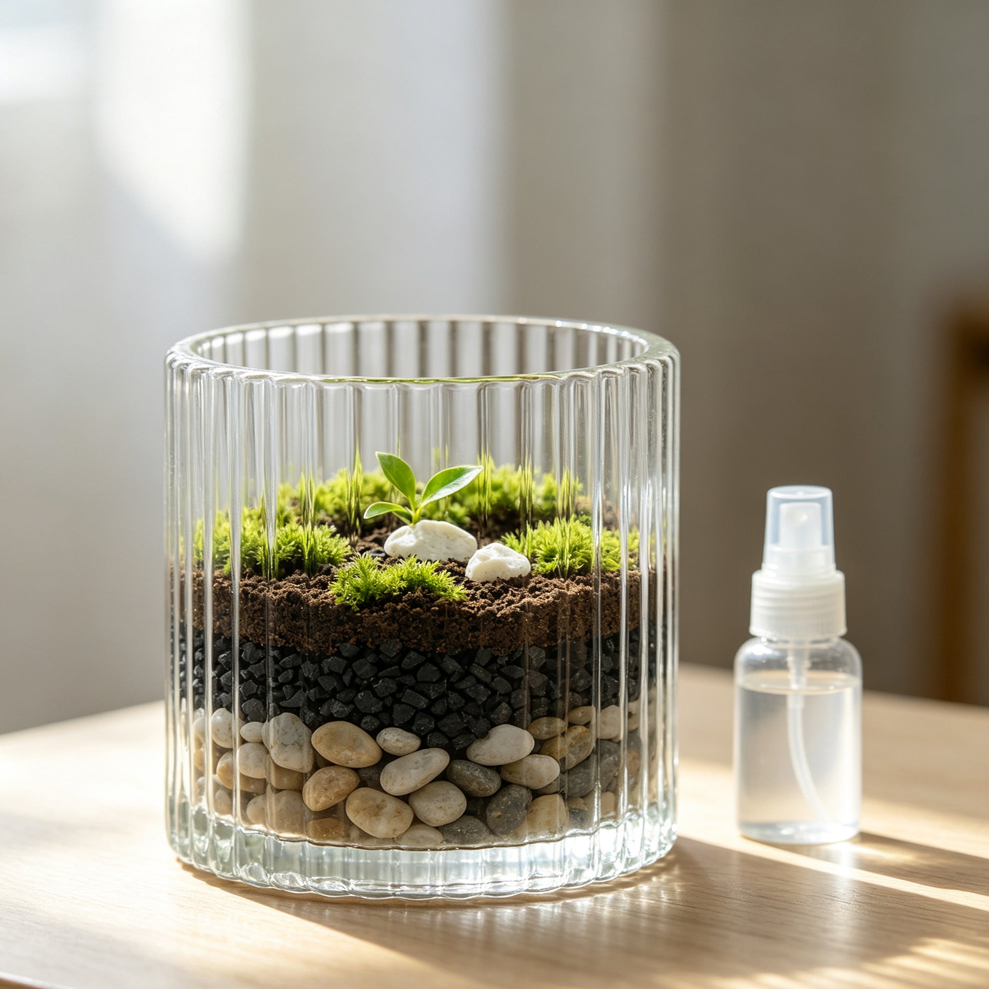A small, vibrant green DIY terrarium with moss and a tiny plant built inside an upcycled, empty ribbed glass candle jar next to a small spray bottle.