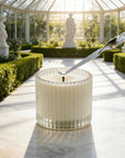 Adjusting a candle wick using a polished silver candle wick dipper inside a sunlit greenhouse setting.
