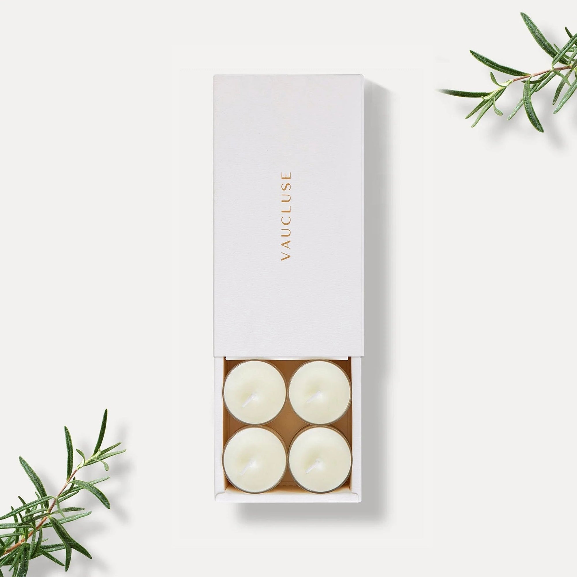 Vaucluse Vanilla scented tealight candles in a premium white slide-out gift box.