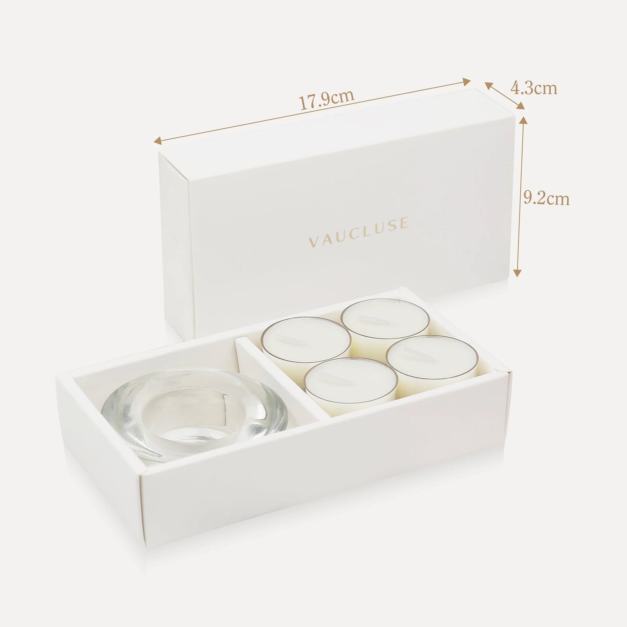 Technical size graphic outlining the 17.9 cm length, 5.2 cm width, and 9.2 cm height packaging dimensions for the luxury vanilla tealight set.