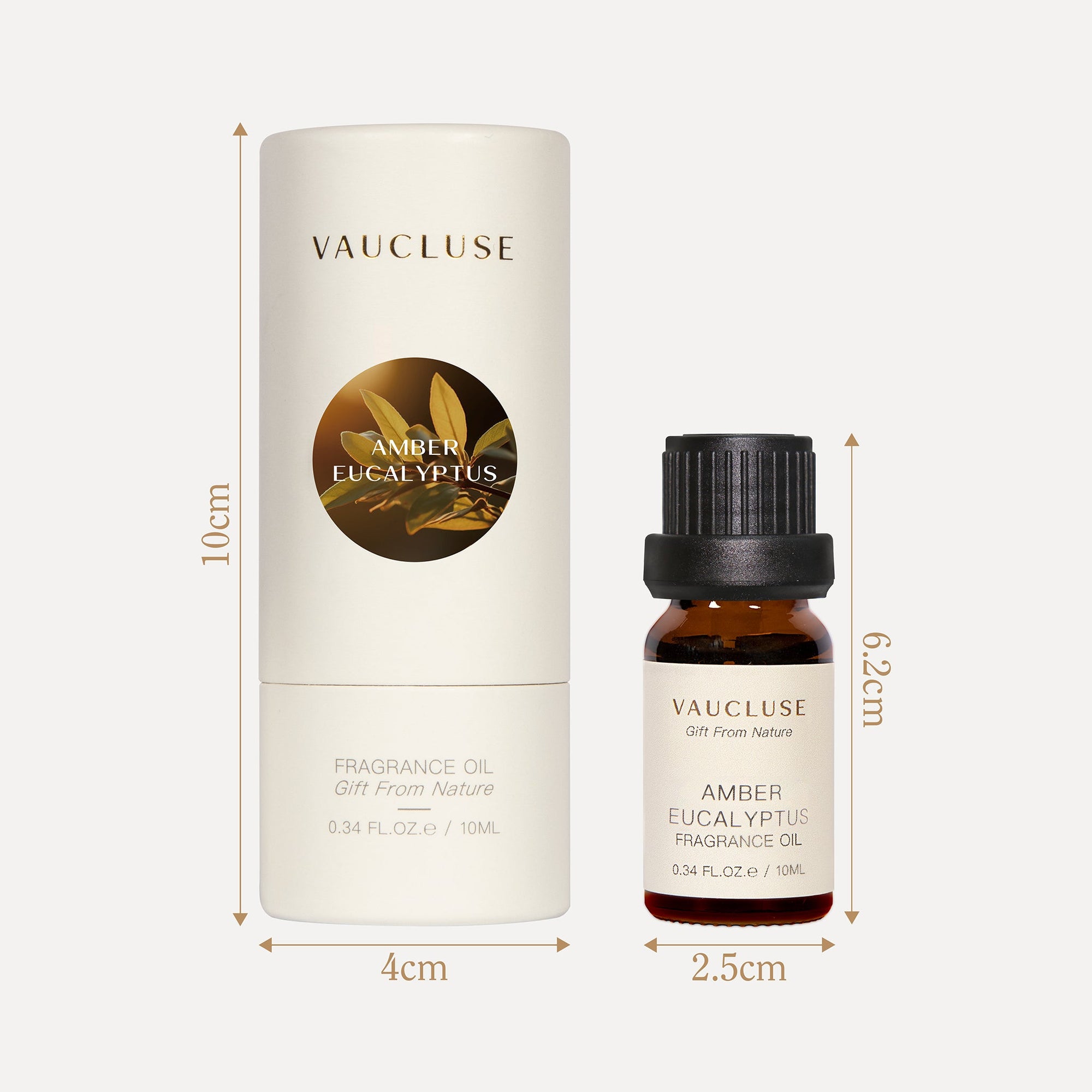 A technical measurement graphic showing the centimeter height and width dimensions for the 10ml Vaucluse oil bottle and its matching circular gift cylinder.
