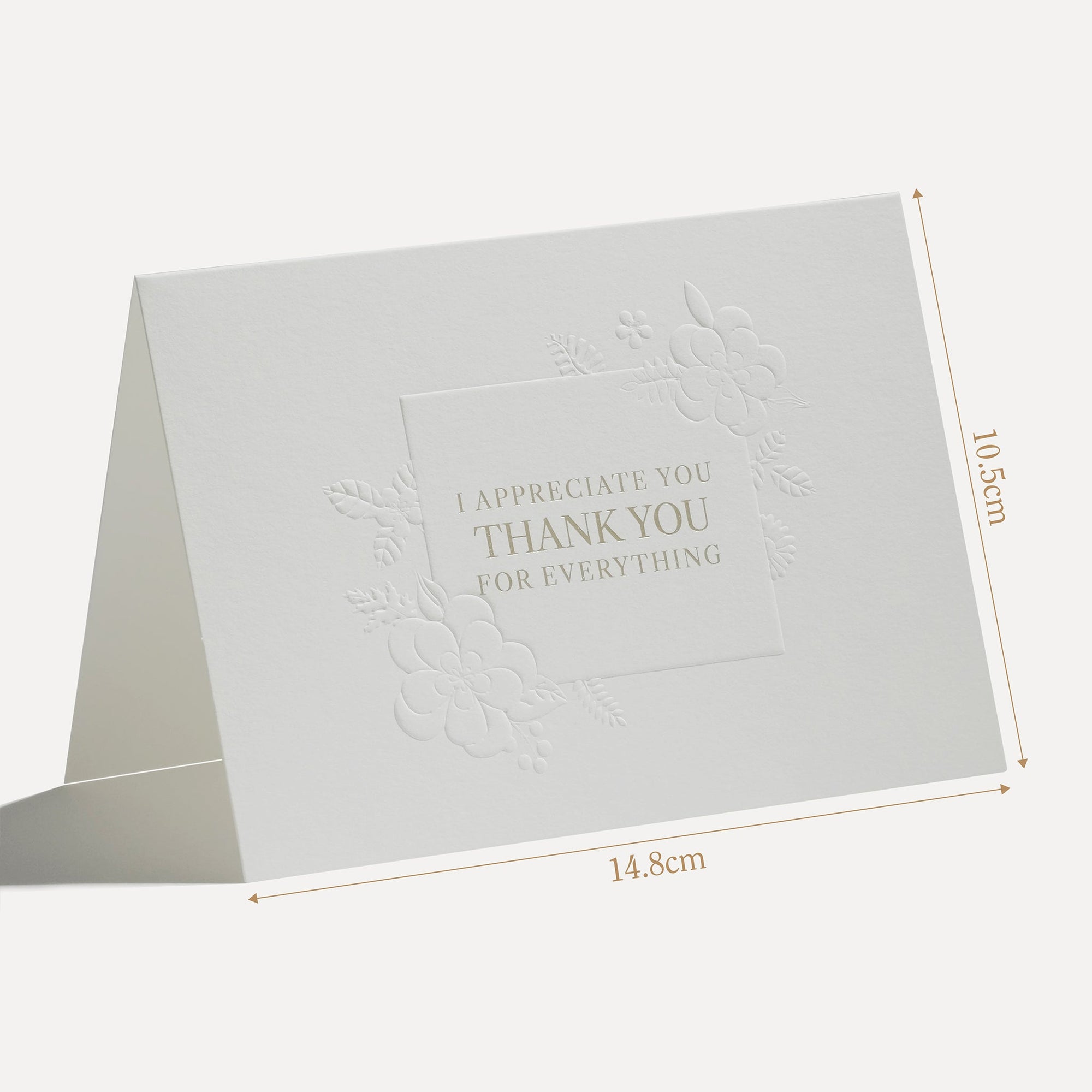Product measurement diagram illustrating the 14.8 cm width and technical sizing details for the Vaucluse luxury thank you card.
