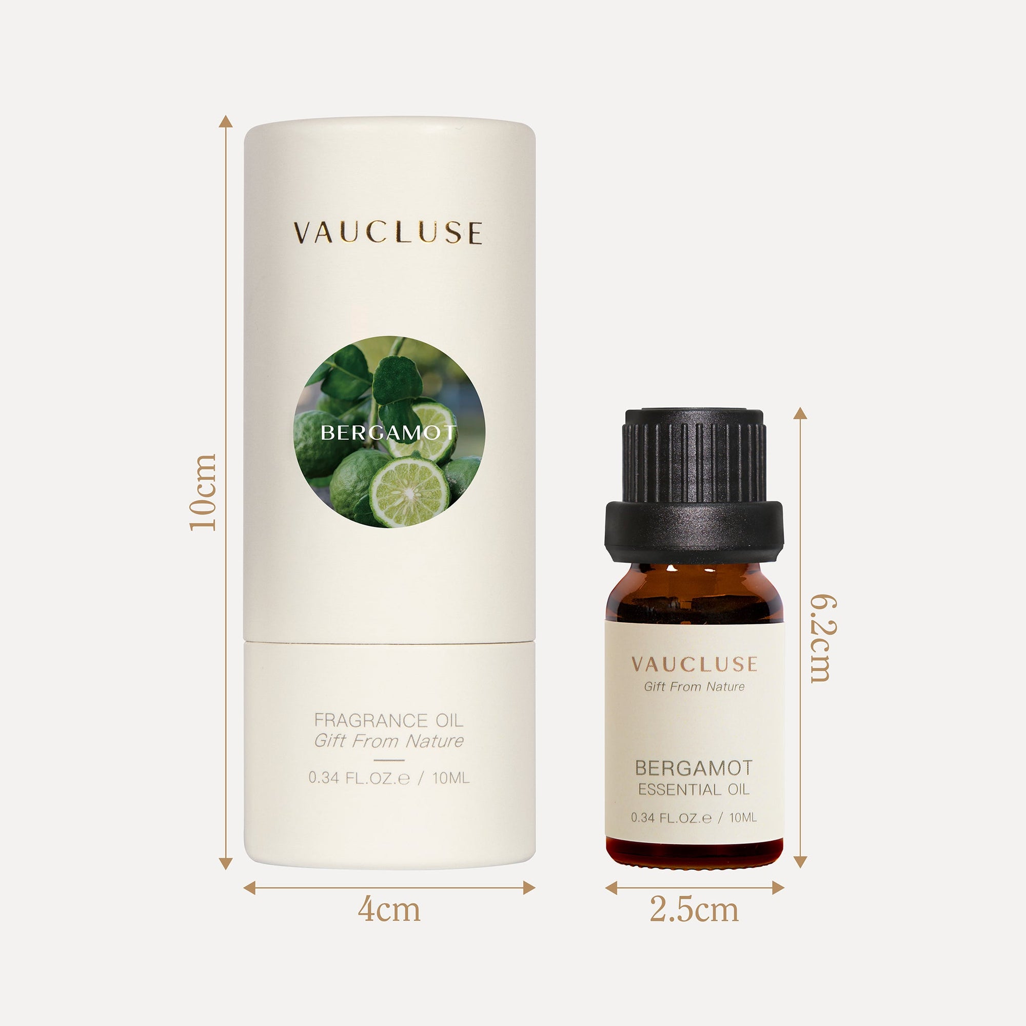 A technical dimensions blueprint detailing the height and width measurements in centimeters for the 10ml Vaucluse oil bottle and its matching circular cardboard packaging.
